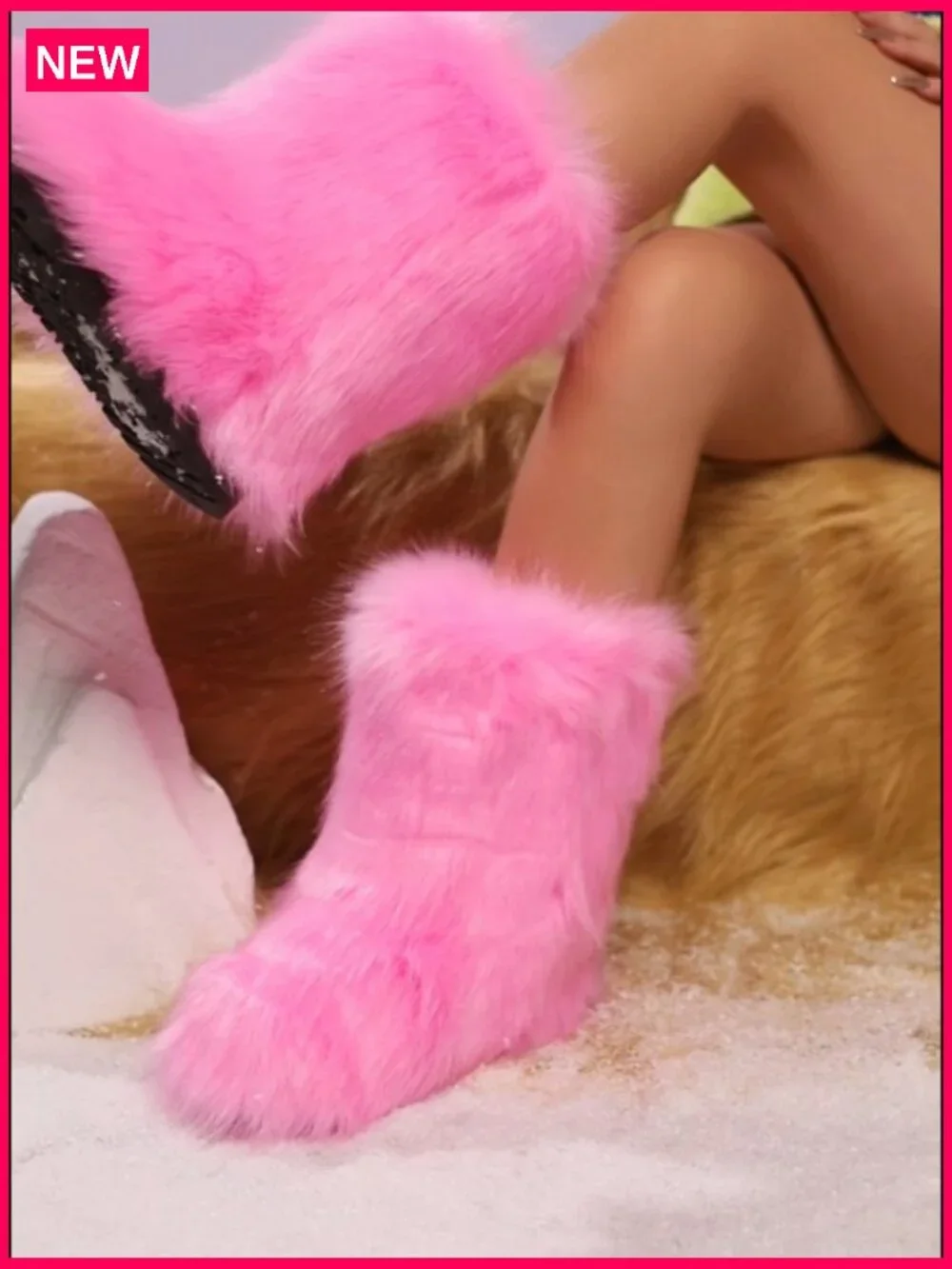 Faux Fur Mid Calf Snow Boots, Warm Fuzzy Fluffy Winter Boots, Slip On